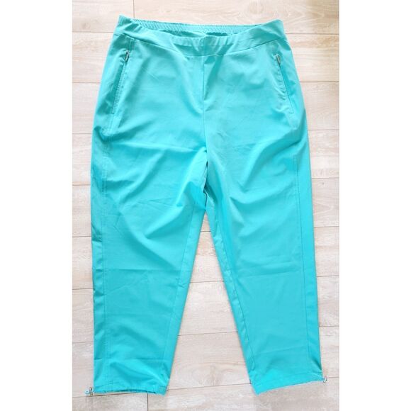 Chico's 1.5 Pull On Crop Pants‎ Stretch Aqua Zip Pockets Flat Front M/L - Picture 1 of 6